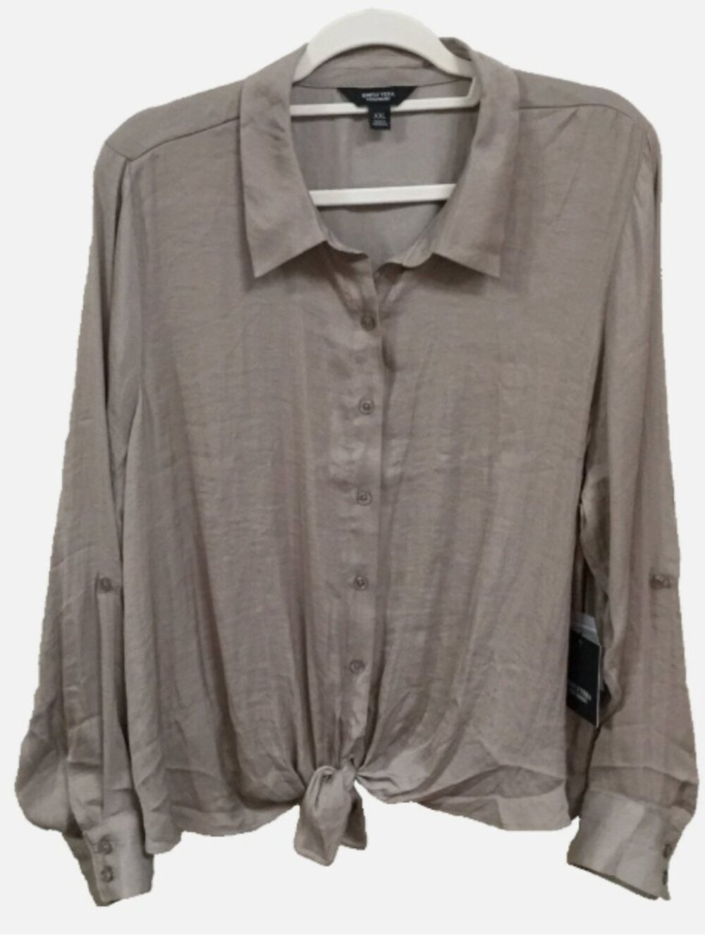 Simply Vera Wang women Plus XXL Blouse Top Khaki Beige Tie Button Front NWT